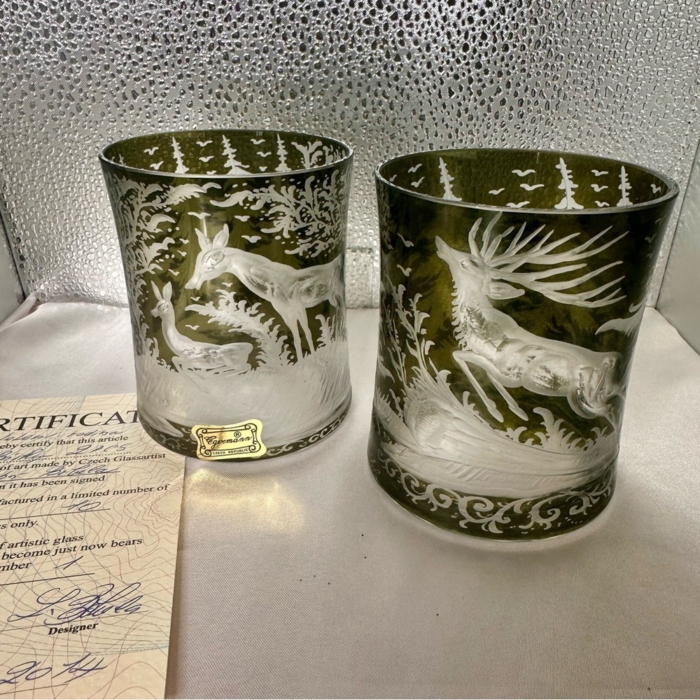 Egermann Czech Art Glass Deer Whiskey Glasses Limited Edition 1 of 10 COA - Picture 4 of 14